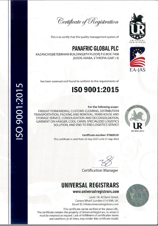 Panafric Global has received ISO9001:2015 certificates